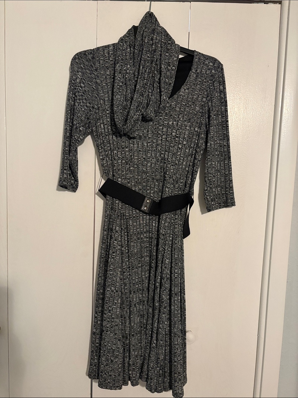 Robbie Bee Grey Ribbed Cowl-Neck Long Sleeve Dress with Black Belt